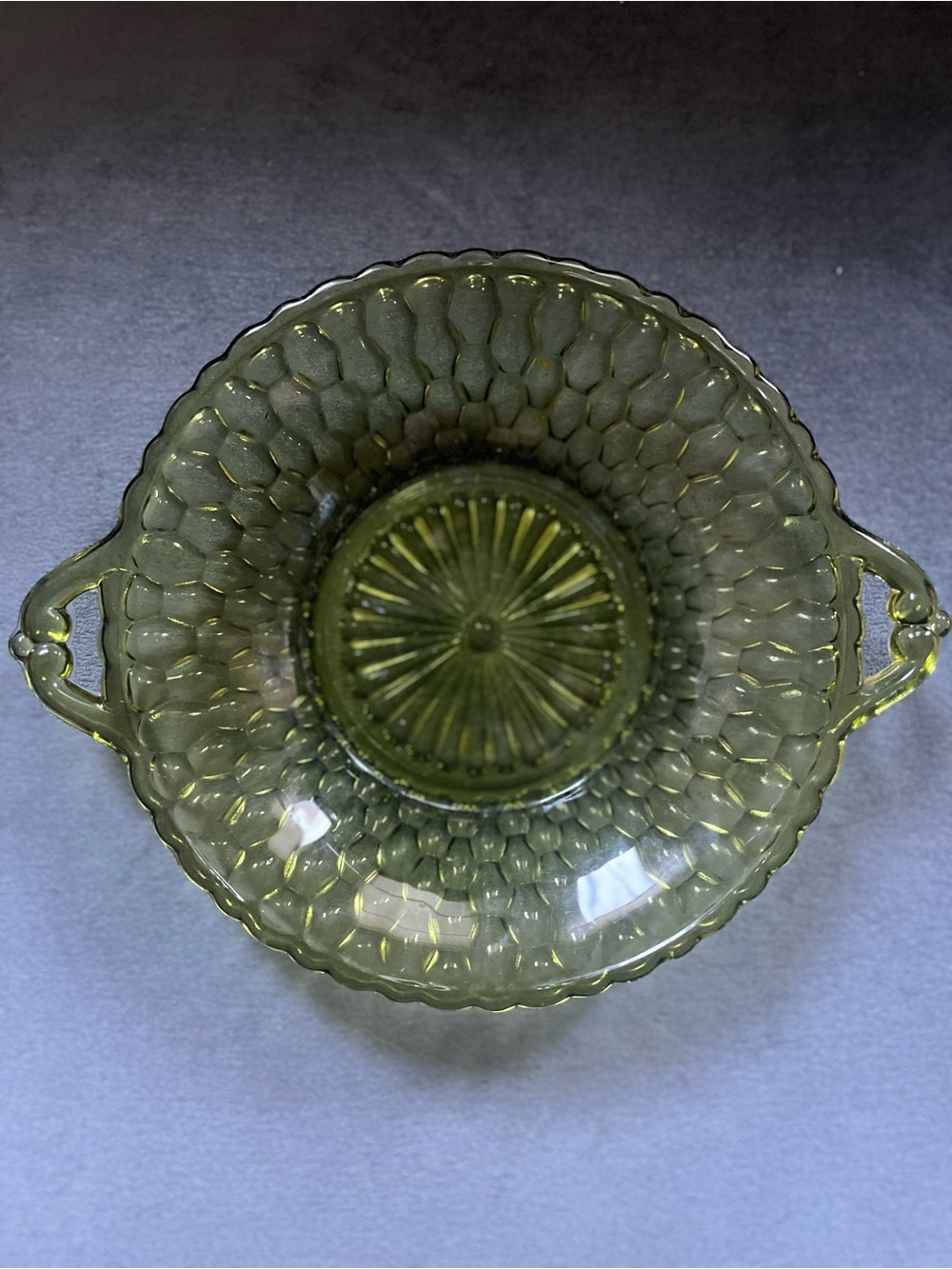 Vintage Olive Green Pressed Glass Serving Bowl with Handles